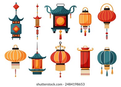 Collection of Japanese or Chinese lantern. Chinese New Year, Mid Autumn Festival background. Flat minimalist geometric design. Vector hand drawn illustration of national Japan, China, Asia.