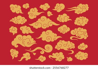 Collection of Japanese clouds, traditional Asian curly wavy ornament. Chinese ornaments, eastern decoration doodles, lines.