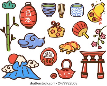 Collection of Japanese elements,  Culture symbols, doodle hand drawn clipart