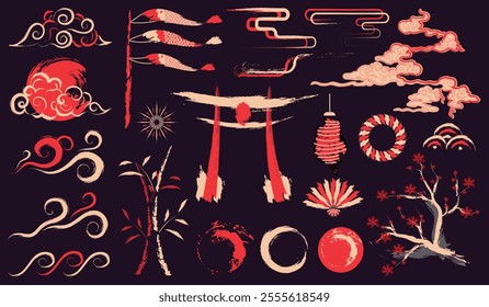 COLLECTION OF JAPANESE ELEMENTS DESIGNS WITH ABSTRACT BRUSH STROKE STYLE ASIAN ELEMENTS