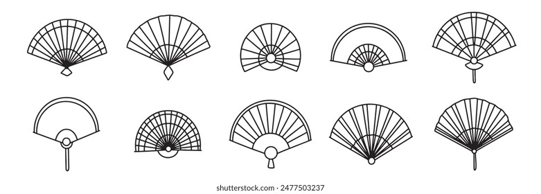 Collection of Japanese fans icon set isolated in doodle style. Hand drawn vector art.
