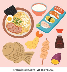 Collection of Japanese Food Hand Drawn Illustration Elements 