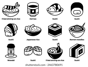 A collection of Japanese food items including sushi, ramen, and tempura. The food is presented in a stylized way, with some items appearing to be cartoonish