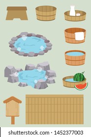 The collection of a japanese hot spring bath set or onsenan bath outdoor in cute flat vector style. Graphic resource about onsen for graphic,content.