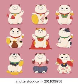 Collection of Japanese lucky cat vector flat illustration. Set of funny feline characters maneki neko for money attraction isolated. Traditional oriental cute toy with raised waving paw for fortune