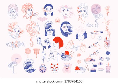 Collection of Japanese objects: Asian woman portrait, koi fish, dragon, sakura, Japanese food, sushi, folk elements, crane, sea wave.   Minimalistic elements in one line. Editable vector illustration.