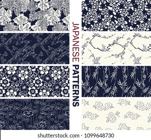 Collection of Japanese pattern vector blue and white. Illustration with asian traditional accessories, hand drawn background. Decorative wallpaper, good for printing.