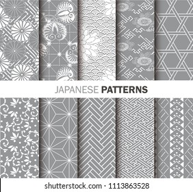 Collection of Japanese pattern vector gray and white. Illustration with asian traditional accessories, hand drawn background. Decorative wallpaper, good for printing.