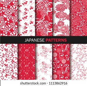 Collection of Japanese pattern vector red and white. Illustration with asian traditional accessories, hand drawn background. Decorative wallpaper, good for printing.