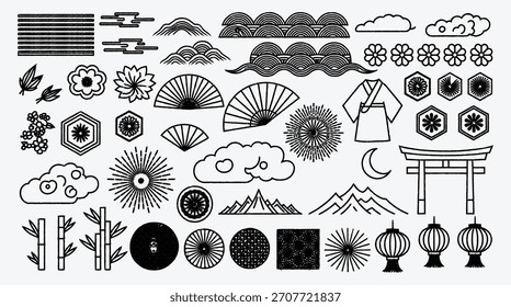 Collection of Japanese Style Design Elements Black and White Vector Illustration