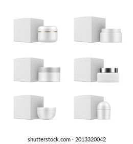 Collection of jar cream and packaging realistic vector illustration. Set cosmetics plastic and card box mockup isolated on white. Beauty care hygienic product facial and body moisturizing or hydration