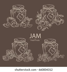Collection of  jar of jam with cherry, apricot, jam with strawberry and jam with blueberries. Vector hand drawn illustration.