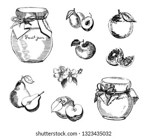 Collection of jar of jam with plum, apple, jam with pear and orange. Vector hand drawn sketch illustration.Fruit jam.