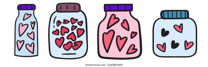 A collection of jars with hearts inside them. Flat design. Hand drawn illustrations on white background.