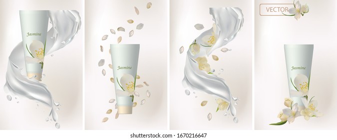 Collection Jasmine Cream. Milk Splash With Flower Jasmine. 3D Realistic Jasmine. Bunch Beautiful White Flowers. Fragrant Jasmine. Vector Illustration.