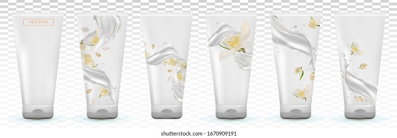 Collection jasmine cream in tube. Milk splash with flower jasmine. Cosmetic product. Bunch beautiful white flowers. Fragrant jasmine. 3D realistic vector illustration.