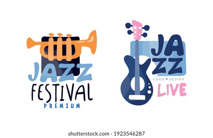 Collection of Jazz Festival Premium Logo Design Templates, Live Concert, Musical Event Badges Cartoon Vector Illustration