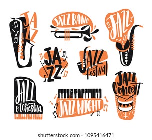 Collection of jazz music lettering written with creative font and decorated with various musical instruments isolated on white background - piano, drums, saxophone, trumpet. Vector illustration