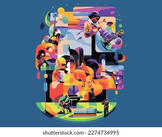 Collection of jazz musicians, jazz music festivals, concerts, events with musical instruments, musicians and singers. Vector illustration in colorful,expressional style design color jazz,drums, cello,