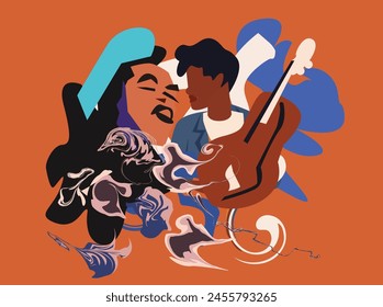 Collection of jazz musicians, jazz music festivals, concerts, events with musical instruments, musicians and singers. Vector illustration in colorful,expressional style design color jazz,retro travel 