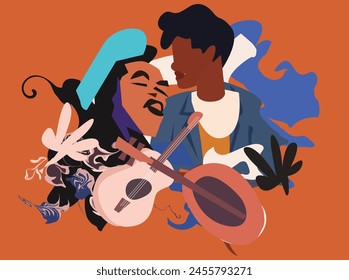 Collection of jazz musicians, jazz music festivals, concerts, events with musical instruments, musicians and singers. Vector illustration in colorful,expressional style design color club woman