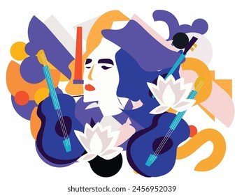 Collection of jazz musicians, jazz music festivals, concerts, eventMulticolored hand-drawn jazz music session poster. Artsy promo flyer or invitation. Colorful flower music