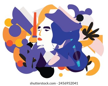 Collection of jazz musicians, jazz music festivals, concerts, eventMulticolored hand-drawn jazz music session poster. Artsy promo flyer or invitation. Colorful kimoci music hehe