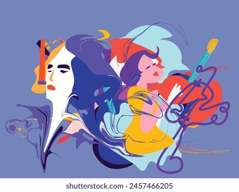 Colección de músicos de jazz, festivales de música jazz, conciertos, eventos con instrumentos musicales, músicos y cantantes. Ilustración vectorial en coloridos músicos del cuarteto de eJazz 