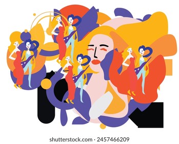 Collection of jazz musicians, jazz music festivals, concerts, events with musical instruments, musicians and singers. Vector illustration in colorful,Female broadcaster