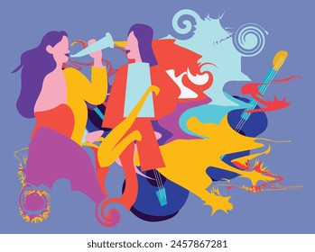 Collection of jazz musicians, jazz music festivals, concerts, events with musical  dancer sexophone poster perfomainstruments, musicians and singers. Vector illustration in colorful,Female broadcaster
