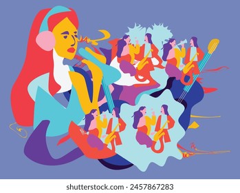 Collection of jazz musicians, jazz music festivals, concerts, events with musical instruments, musicians and singers. Vector illustration in colorful,sexophone boom