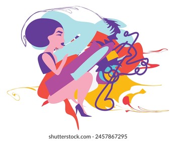 Collection of jazz musicians, jazz music festivals, concerts, events with musical instruments, musicians singers woman poster abstract illustration in colorful,Female broadcaster