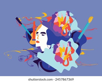 Collection of jazz musicians, jazz music festivals, concerts, events with musical instruments, musicians and singers. scribble isometric abstract fun poster abstract