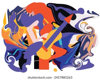 Collection of jazz musicians, jazz music festivals, concerts, events with musical instruments, Music festival.Vector Music and dance summer festival in nature. Vector illustration of a musician playin
