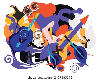 Collection of jazz musicians, jazz music festivals, concerts, events with musical Music and dance summer festival in nature. Vector illustration of a musician playing a trumpet, a girl with abstract