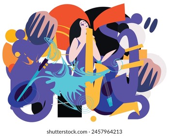 Collection of jazz musicians, jazz music festivals, concerts, events with musical instruments, Music festival.Vector illustrations of musicians, people and war music