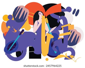 Collection of jazz musicians, jazz music festivals, concerts, events with musical instruments, Music festival.Vector illustrations of musicians, people and Fun2 music jazz perfomance