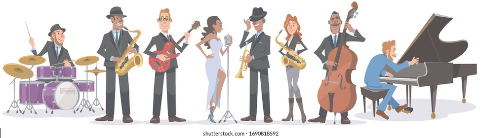 Collection of jazz musicians on white background. Performing with  instruments and vocal. Vector illustration in flat cartoon style.