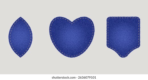 Collection of jeans patches: petal, heart, pocket. Textured badges with stitches made of cotton fabric. Realistic vector set for clothes repair and decor. Vector illustration.