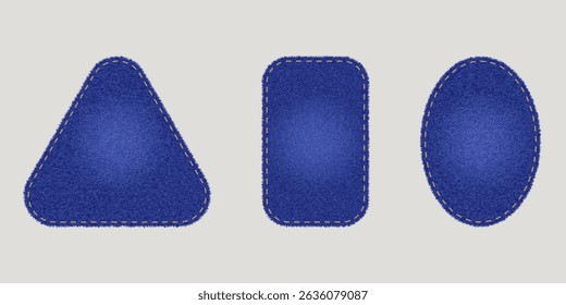 Coleção de manchas de jeans. Emblemas texturizados com pontos feitos de tecido de algodão em formas geométricas. Vetor realista definido para reparação de roupas. Ilustração vetorial.