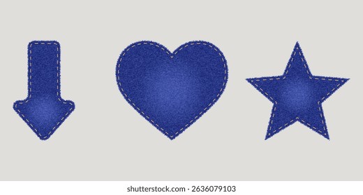 Coleção de manchas de jeans. Emblemas texturizados com pontos feitos de tecido de algodão. Vetor realista definido para reparação e decoração de roupas. Ilustração vetorial.