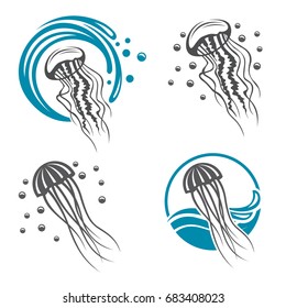 collection of jellyfish icon with sea waves
