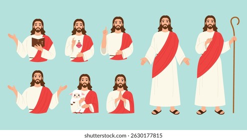 coleção de Jesus Cristo, o caráter deus, Jesus segurando a bíblia, bênção, orar, mão apontando, segurando pequena lâmpada, segurando ilustração pessoal