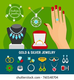 Collection of jewelry icons with fashion gold and silver rings, earrings, brooch, studs, bangles isolated vector illustration