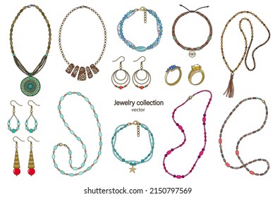 Colección de collares de joyería, pendientes, anillos y pulseras. Imagen vectorial en fondo blanco