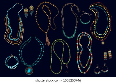 Collection of jewelry on a black background: necklace, beads, earrings, bracelet. Hand-drawn. Vector