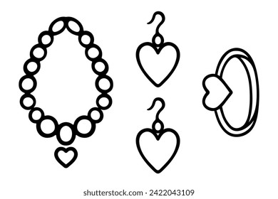 Collection of jewelry. Sketch. Set of vector illustrations. Earrings with a hook decorated with a heart, a beaded necklace with a heart pendant, a finger ring with a heart-shaped stone. 