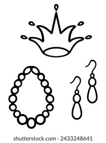 Collection of jewelry. Sketch. Set of vector illustrations. A shining crown, a pair of elongated earrings made of beads and drops, necklaces made of round pearls. Precious items for royalty. 