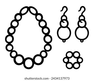 Collection of jewelry. Sketch. Set of vector illustrations. Pearl beads, a wrist bracelet made of large, round beads, a pair of long earrings with a hook. Precious item made of pearls. 