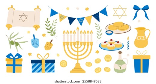 A collection of Jewish symbols and food items for Hanukkah. Scene is celebratory and festive